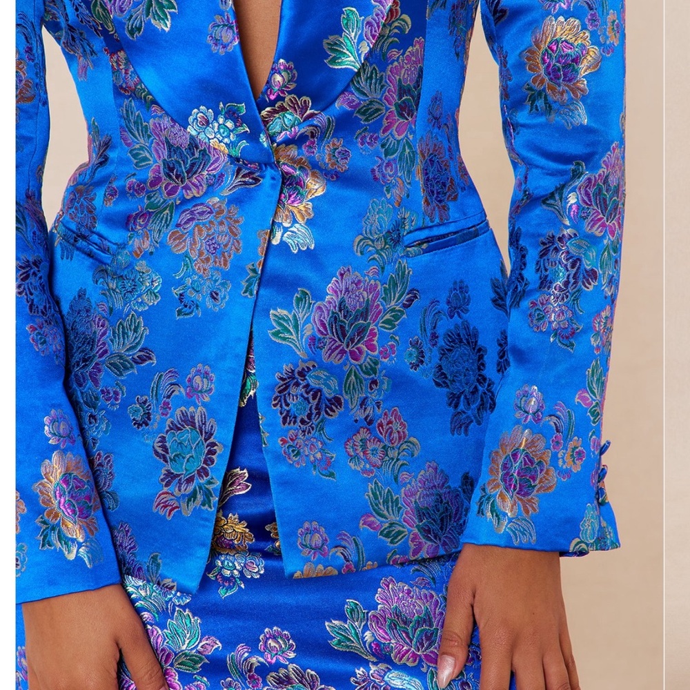 Elegant Floral Blue Blazer and Skirt Set